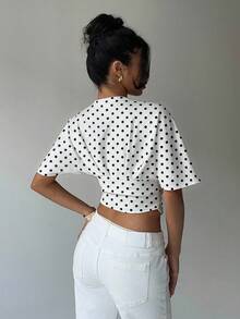 Aloruh 女士波点印花深V领蝙蝠袖收腰T恤，女士休闲装，女士夏季装，女士春季装 - 黑與白 - 查看 2