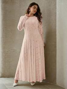 MOTF PREMIUM 加大码女式春季蕾丝弹力长袖连衣裙 - 粉色 - 查看 5