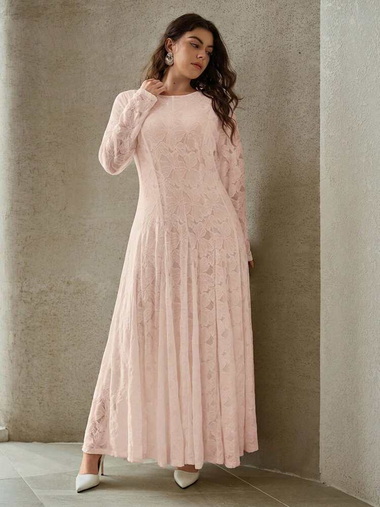 MOTF PREMIUM PLUS SIZE WOMEN'S SPRING LACE ELASTIC LONG SLEEVE DRESS - Pink - View 5