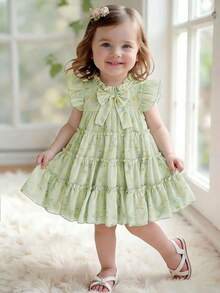 SHEIN Đầm bé gái thời trang, họa tiết hoa, đính nơ, thích hợp mặc vào mùa xuân, hè, thu, ở nhà, đi nghỉ mát, dự tiệc và mặc hàng ngày. - màu xanh lá - Xem 6