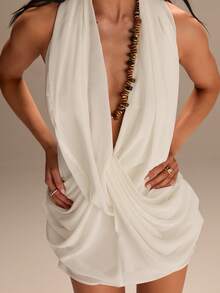 Athîral Đầm ngắn màu be dáng suông cổ chữ V bằng chiffon dành cho nữ, thích hợp cho kỳ nghỉ hè, thích hợp mặc thường ngày. - Màu be - Xem 6