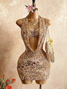 Mistrie Đầm ngắn ôm sát YK2 "Hot Girl" không cổ, kiểu yếm buộc dây, hở lưng, chất liệu vải lưới in họa tiết da báo, xẻ tà bên hông, thích hợp cho mùa lễ hội âm nhạc. - Nhiều màu - Xem 1