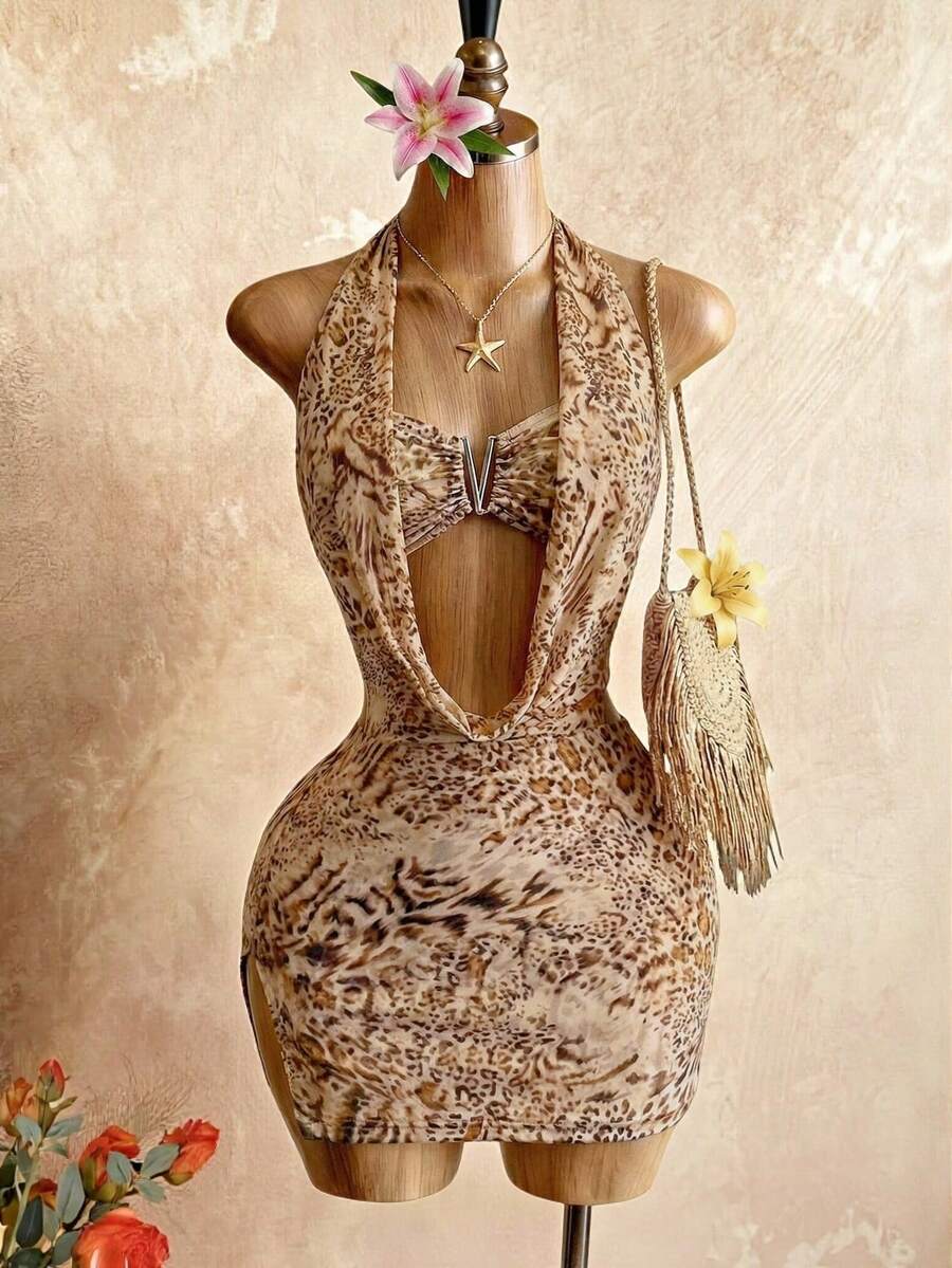 Mistrie Đầm ngắn ôm sát YK2 "Hot Girl" không cổ, kiểu yếm buộc dây, hở lưng, chất liệu vải lưới in họa tiết da báo, xẻ tà bên hông, thích hợp cho mùa lễ hội âm nhạc. - Nhiều màu - Xem 1