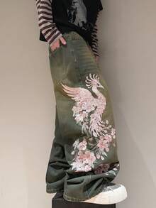 STEELVANCE 复古街头风休闲宽松直筒牛仔裤，饰有刺绣猫须图案，百搭日常穿着 - 藍色 - 查看 5