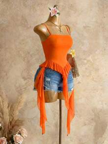 BamGleam Women's Vibrant Orange Beach Vacation Spicy Wind Chiffon Fabric Mesh Ruffle Hem Spaghetti Strap Camisole, Spring/Summer - Orange - View 3