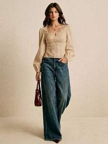 Poéselle Women's Contrast Lace Bow Decor Square Collar Long Sleeve Blouse - Khaki - View 5