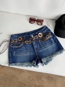 Elamini Women's Casual Denim Shorts With Pockets And Frayed Hem, Versatile For Daily Wear - Blue - View 3