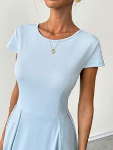 Ritzy Row 女士蓝色梭织圆领短袖休闲连衣裙 - 藍色 - 查看 7