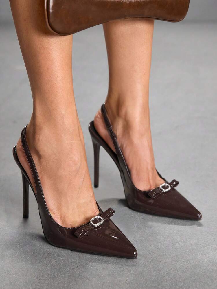 CUCCOO SZL Women Shoes Pointed Stiletto Brown Bow Diamond Buckle Slingback Women's High Heel Shoes Fashion Sexy Dinner Party Women's Shoes