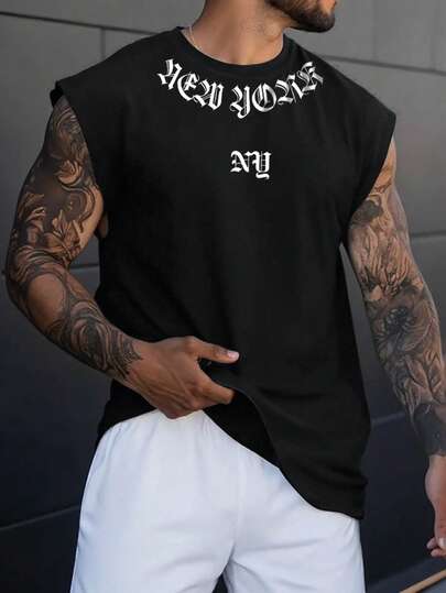 Manfinity Homme Men's Summer Casual Black White New York NY Old English Gothic Font Letter Slogan Graphic Print Sleeveless Tank Top Muscle Tee Vest Vintage Streetwear Hip Hop Urban Gym Workout Fitness Athletic Sports Festival Concert Club Party Going Out Crew Neck Oversized Loose Fit Breathable Top,Men's Letter Print Round Neck Casual Versatile Tank Top