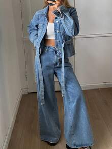 DAZY Women's Denim Jacket With Collar & Belt, Waist Cinched, And Loose Fit Jeans Set, Casual City Style - Medium Wash - View 3