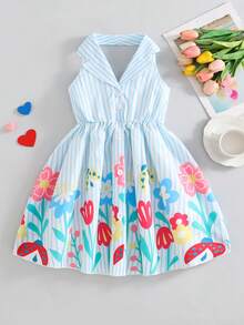 SHEIN Elladie kids 女童夏季新款时尚Polo领露背吊带束腰甜美度假风连衣裙，少女正式礼服 - 藍色 - 查看 5