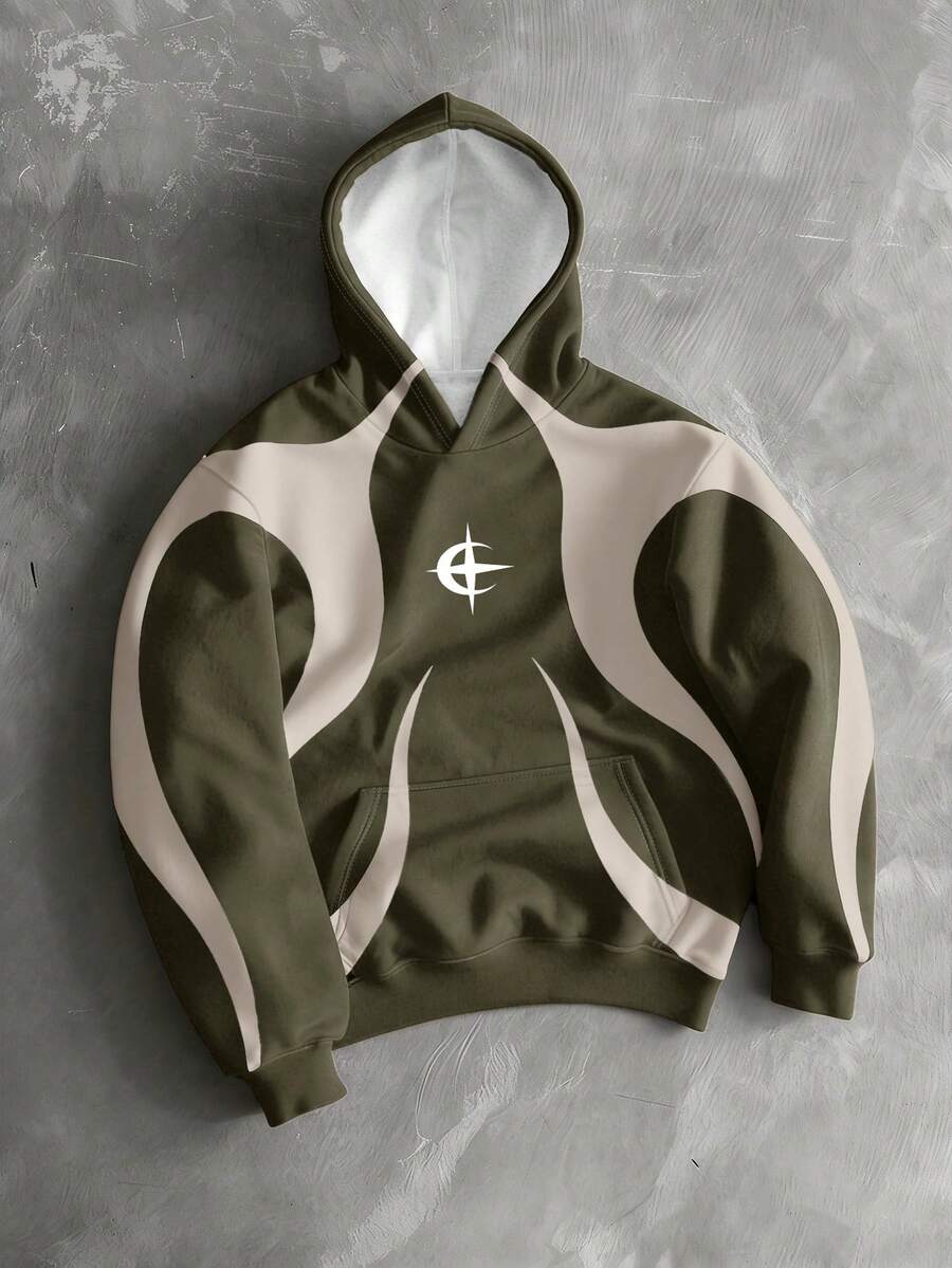 Manfinity EMRG 街头艺术图案印花连帽长袖卫衣，男士休闲套头衫，秋季款 - 彩色 - 查看 1