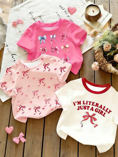3pcs Young Girls' Casual Fashionable Sweet Cute Multi-Color Heart, Bow Tie And Letter Print Short Sleeve T-Shirt Set, Sweet Versatile, Personality Playful, Easily Create Different Styles Of Summer Tops