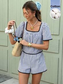 SHEIN Frenchy Bộ đồ nữ cổ vuông tay ngắn phối tương phản xếp ly gồm 2 món - Xanh và trắng - Xem 2