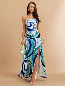 Silquee 女士彩色条纹A字裙，适合夏季度假 - 藍色 - 查看 3