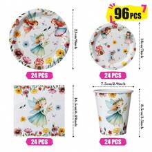 Bộ đồ dùng tiệc dùng một lần Flower Fairy gồm đĩa, khăn ăn và cốc, phục vụ 24 người, thích hợp cho sinh nhật, đám cưới, tiệc theo chủ đề và dã ngoại gia đình. - Xem 2