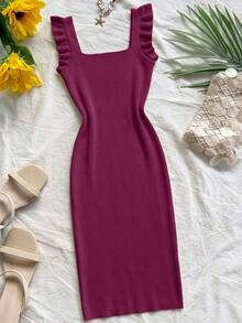 Ellegaria. 新款复古浪漫度假欧美风高端设计方领露背性感米色针织修身中长连衣裙，饰有精致荷叶边下摆，无袖，休闲百搭；简约纯色个性高腰紧身派对鸡尾酒会针织毛衣连衣裙，女士款 - 酒紅色 - 查看 8