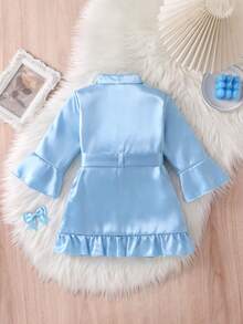 Newborn Baby Dressing Gown With Ruffles In Solid Silk Fabric, Soft Solid Tie Cute And Comfortable In Summer 2026 New Baby Set - Blue - View 2