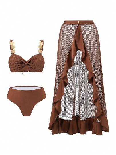 Swim Oasis Conjunto de traje de baño de verano para mujer, estilo elegante y noble personalizado, de tela especial calada, para playa, piscina, ocio, fiesta y vacaciones, primavera/verano