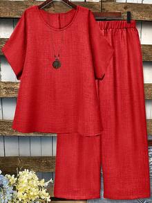 EMERY ROSE Plus Size Casual Solid Color Top And Pants 2 Pieces Set - Red - View 1