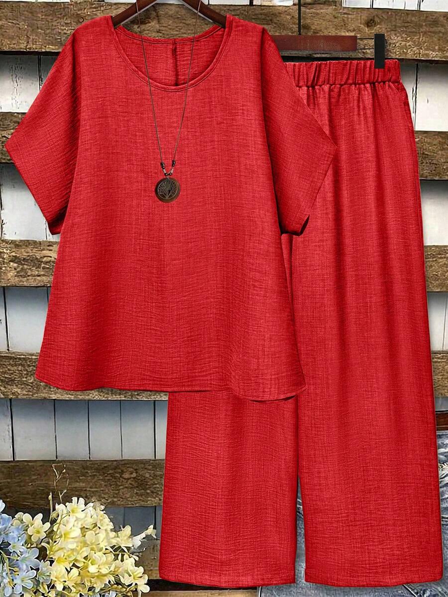 EMERY ROSE Plus Size Casual Solid Color Top And Pants 2 Pieces Set - Red - View 1