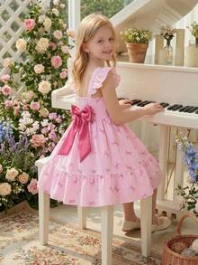 Emery Rose Kids 女童方领短袖荷叶边条纹蝴蝶结装饰夏季连衣裙 - 彩色 - 查看 3