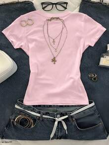 Glimmora Áo thun crop top nữ in họa tiết hoa, kiểu dáng thường ngày, thích hợp cho mùa hè. - Màu Hồng baby - Xem 2