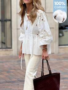 Solivie Women's White Embroidered Blouse, Elegant Holiday Doll Shirt - White - View 10