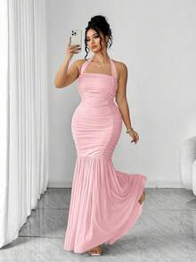 Elenzga 大码女式法式复古秋季针织弹力网纱褶皱腰部纯色吊带长裙，适合秋冬季、返校季、毕业典礼、情人节、圣诞节、音乐节、母亲节、万圣节、感恩节、复活节、国庆节、舞会、约会派对、婚礼季、返校季、户外活动等场合 - 粉色 - 查看 4