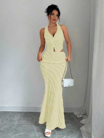 Rafferiza Sleeveless V-Neck Front Twist Halter Backless Bodycon Mermaid Dress 2-Piece Set For Women