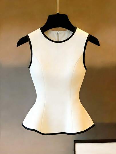 Franclia 百搭圆领黑白撞色滚边无袖吊带背心，女士休闲夏季服饰