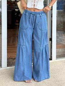 Sunnyshic Quần jeans ống rộng thoải mái dành cho nữ, thích hợp cho kỳ nghỉ. - Màu xanh lam - Xem 5