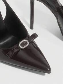 CUCCOO SZL 女士尖头细高跟鞋，棕色蝴蝶结钻石扣后系带高跟鞋，时尚性感晚宴女士鞋 - 6688-55鏡面咖啡171 - 查看 6