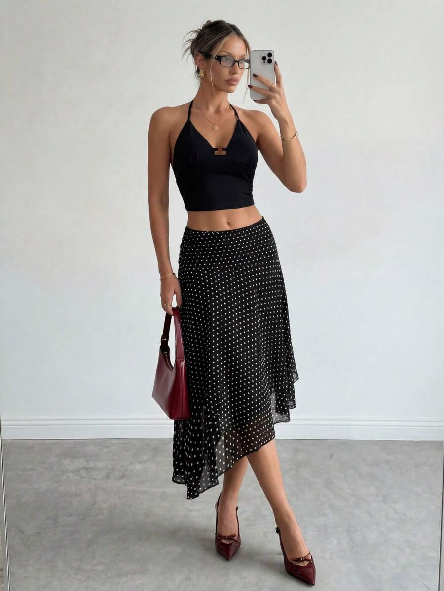 Ritzy Row Elegant och mångsidig bantningskjol med prickar för kvinnor - Svart - Visa 1