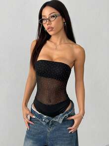 SHEIN EZwear Bandeau Mesh Patchwork Sheer Sexy Bodysuit For Women - Black - View 8