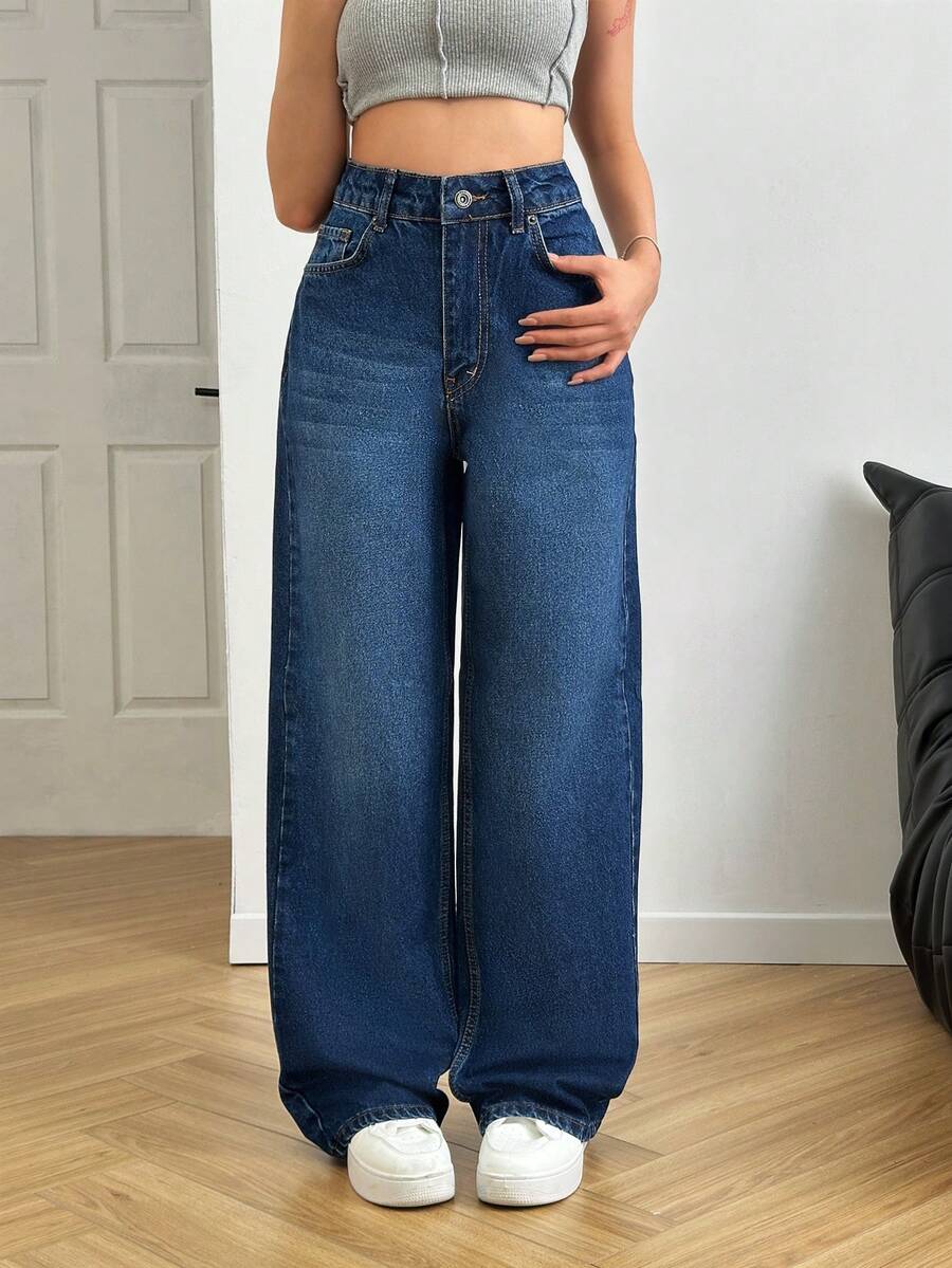SHEIN Damen High Waist medium gewaschene Lässig Weite Bein Jeans - Mittele Waschung - Übersicht 1