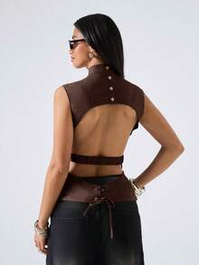LYSMO 2026 New Minimalist V-Neck Sleeveless Tie-Front Button Decor Summer Vest For Women, Suitable For Outdoor, Work/Business Casual, Office Wear, As Well As Holiday/Boho Occasions - Brown - View 2