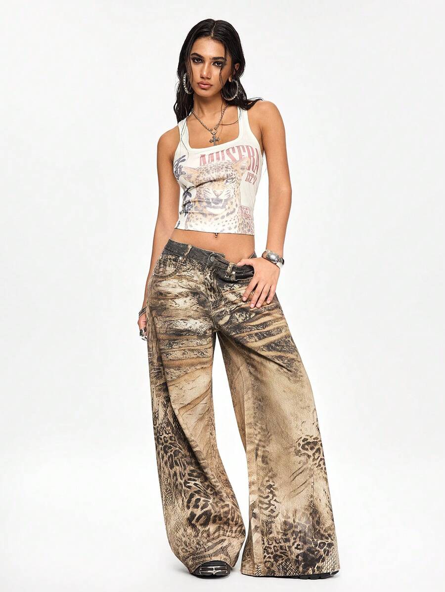 ROMWE Grunge Punk Jeans anchos y sueltos con estampado de leopardo en degradado vintage - Multicolor - Ver 1
