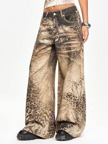 ROMWE Grunge Punk Jeans anchos y sueltos con estampado de leopardo en degradado vintage - Multicolor - Ver 2