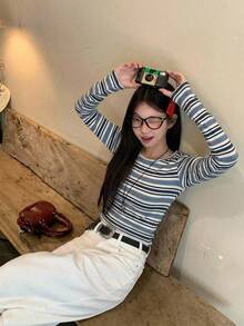 DAZY Women's Round Neck Striped Korean Style Casual Long Sleeve T-Shirt, Suitable For Spring And Autumn - Blue - View 6