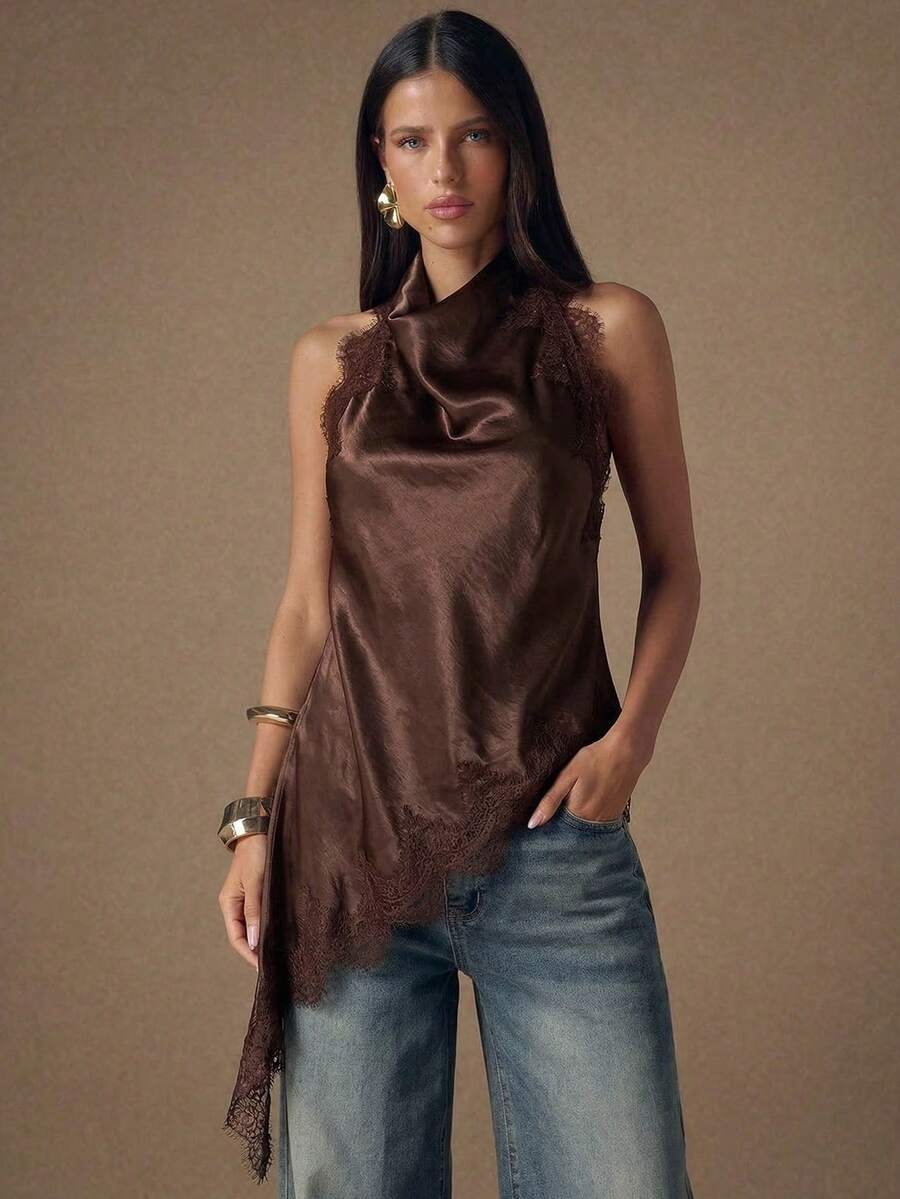 SHEIN BAE 咖啡色蕾丝拼接露背系带无袖女式上衣，蕾丝饰边，适合晚宴、鸡尾酒会、正式场合，优雅无袖设计，适合度假、夜间外出、婚礼宾客，春夏秋季皆宜。 - 棕色 - 查看 1