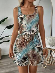 SHEIN LUNE Vestido corto impreso minimalista y casual para mujer, adecuado para primavera y verano - Multicolor - Ver 4