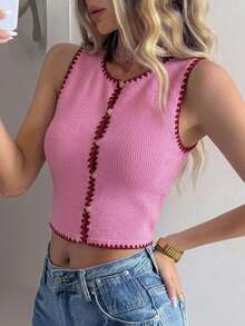 Livesso Women's Floral Trim Single-Breasted Round Neck Sleeveless Tank Top - Pink - View 4