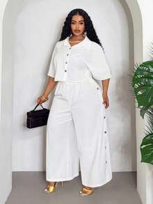 Veslaya Bộ đồ mùa xuân/hè mới gồm áo croptop trắng dáng rộng và quần ống rộng, có cúc trang trí, chất liệu vải dệt, hơi xuyên thấu, thích hợp cho tắm nắng, nghỉ dưỡng khách sạn/du thuyền, đi làm, mặc thường ngày, dự tiệc, họp mặt gia đình, cỡ lớn. Bộ 2 món - trắng - Xem 5