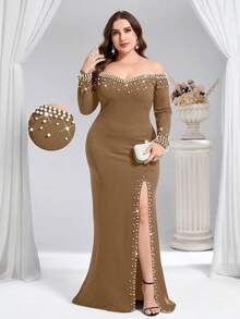 Coutiva Plus Size Beaded Off-Shoulder High Slit Formal Evening Gown - Khaki - View 1