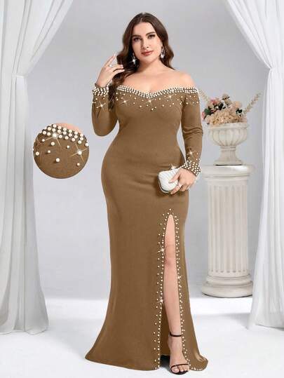 Coutiva 大码串珠露肩高开衩正式晚礼服