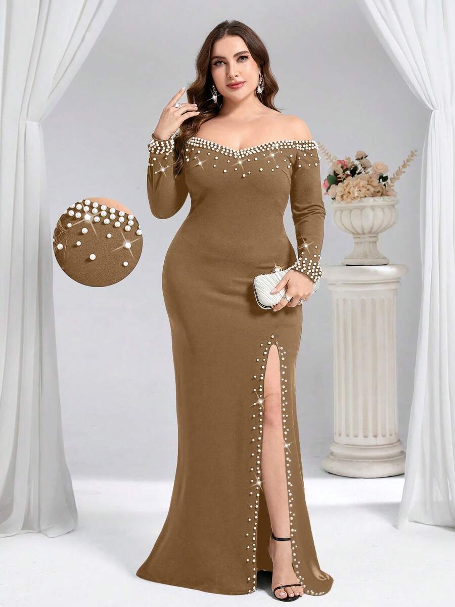 Coutiva Plus Size Beaded Off-Shoulder High Slit Formal Evening Gown - Khaki - View 1