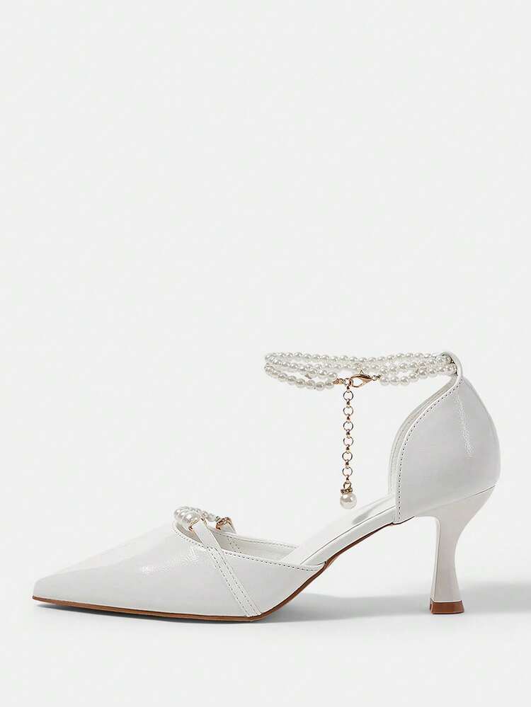 CUCCOO HITCHD Women's Elegant Beaded Chain Decor Pointed Toe Pumps Summer Shoes Wedding Shoes Bride Shoes