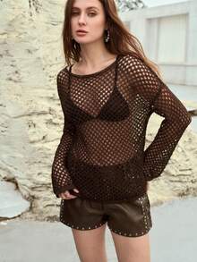 MOTF PREMIUM HOLLOW OUT SEQUIN SHEER LONG SLEEVE KNIT COVER UP, LOOSE FIT CASUAL SUN PROTECTION TOP - Coffee Brown - View 1